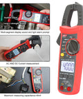 UT203 Digital Clamp Meter For AC And DC Current, True RMS, with backlit LCD measuring voltage and current in a panel