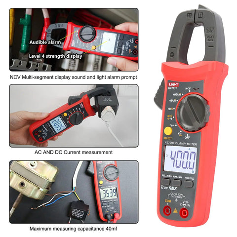 UT203 Digital Clamp Meter For AC And DC Current, True RMS, with backlit LCD measuring voltage and current in a panel