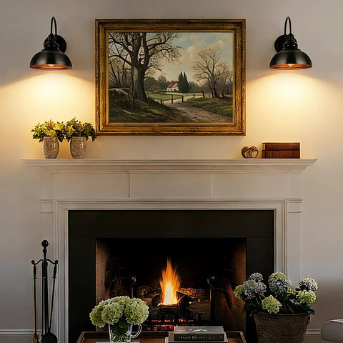 Living room with two Industrial Black Wall Sconce With Dimmable Gooseneck Lighting And On Off Dimmer Switch above fireplace