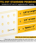 Diagram showing fit for 1/8" and 1/4" pegboards with 1" spacing for Ultimate Pegboard Organizer Kit With 297 Pieces For DIYers Includes 16 Hook Styles