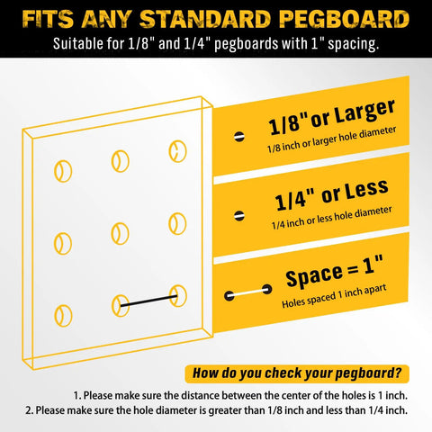 Diagram showing fit for 1/8" and 1/4" pegboards with 1" spacing for Ultimate Pegboard Organizer Kit With 297 Pieces For DIYers Includes 16 Hook Styles
