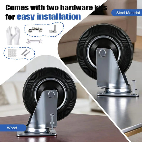 Five Inch Caster Wheels Set Of Four With Two Rigid And Two Swivel Heavy Duty Rubber Casters featuring dust proof caps and steel mounts.