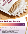 120-swab lead test kit front view with white pouch and cotton swabs; visible color result chart.