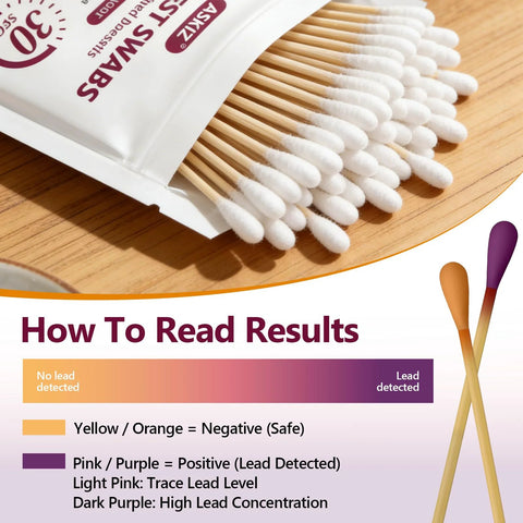 120-swab lead test kit front view with white pouch and cotton swabs; visible color result chart.