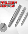 Front view of a 3-piece screw extractor set with spiral fluted steel bits for removing stripped screws and broken bolts