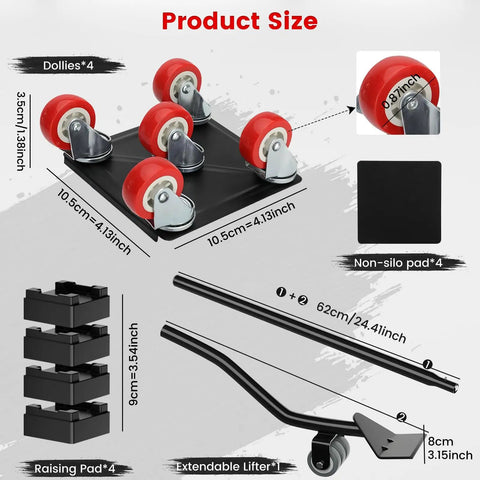 Dexmary Heavy Duty 1400 Lbs Furniture Dolly With 360 Swivel Wheels Movers Cart featuring four red rubber casters and product dimensions.