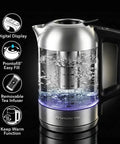 Digital Glass Electric Kettle With Temperature Control, 1.8L Cordless Tea Kettle, silver finish with removable tea infuser