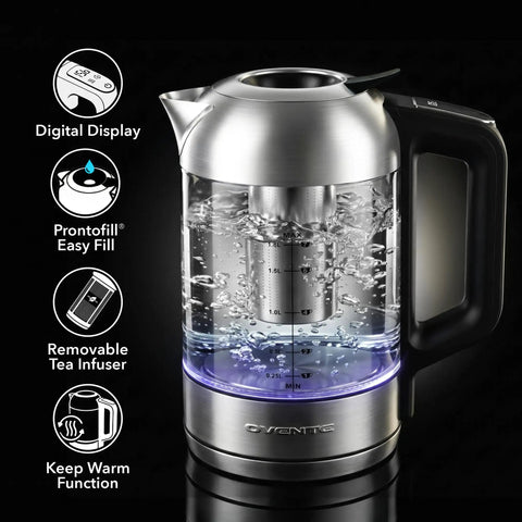 Digital Glass Electric Kettle With Temperature Control, 1.8L Cordless Tea Kettle, silver finish with removable tea infuser