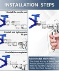 Installation steps for 7/8 Inch RAC X Hand Tight Tip Guard with Blue Base on spray gun, highlighting attachment process.
