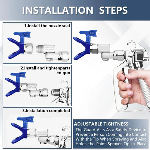 Installation steps for 7/8 Inch RAC X Hand Tight Tip Guard with Blue Base on spray gun, highlighting attachment process.