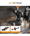 Heavy Duty Camera Clamp Mount With Two 360 Degree Ball Heads Magic Arm for DSLRs, action cameras, and phones on table edge.