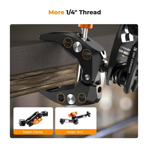 Heavy Duty Camera Clamp Mount With Two 360 Degree Ball Heads Magic Arm for DSLRs, action cameras, and phones on table edge.