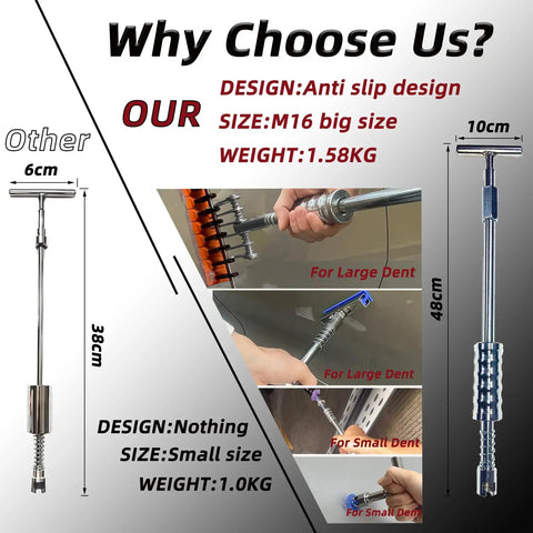 Comparison of dent puller designs; includes 190 Piece Auto Body Dent Repair Tools Kit For Car Dings Repair And Paintless Bodywork Dent Pulling Dent Puller Lifter Multi Function Bridge Puller Tools Set For Whole Car Repair And Restoration.