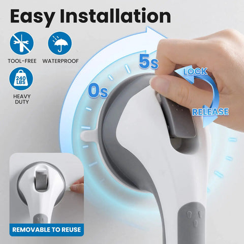 Top Shelf Shower Grab Bar With Heavy Duty Suction Mount For Seniors Elderly Portable Non Slip Bathroom Safety Handle No Sweat Setup Versatile 16 Inch Grey Support Rail Grip showing tool-free installation feature.
