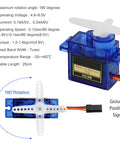 SG90 9G Micro Servo Motor with technical details, showing compact design for RC planes, helicopters, boats, cars; 4.8-6V operation.