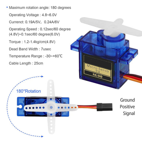 SG90 9G Micro Servo Motor with technical details, showing compact design for RC planes, helicopters, boats, cars; 4.8-6V operation.