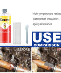High Temperature Metal Casting Glue For Repairs And Heat Resistant Liquid Welding Filler That Feels Like Real Metal Fix For Cracks In Castings And Fabrications Built To Last Easy To Use Under Hot Conditions shown in use for pipe repair with before and after comparison.