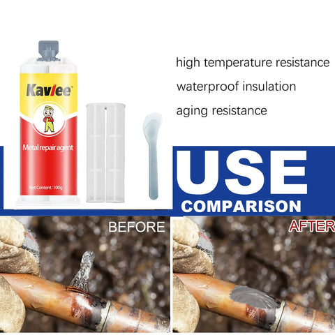 High Temperature Metal Casting Glue For Repairs And Heat Resistant Liquid Welding Filler That Feels Like Real Metal Fix For Cracks In Castings And Fabrications Built To Last Easy To Use Under Hot Conditions shown in use for pipe repair with before and after comparison.