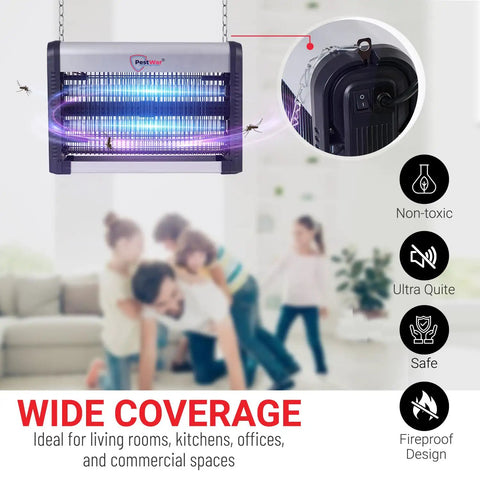2 In 1 Indoor Bug Zapper With Built In Bait Tray And 3500V Power hanging in living room, kids playing