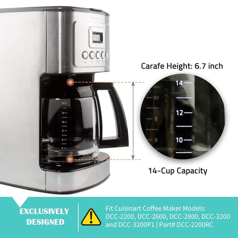 12 Cup Glass Replacement Carafe For Coffee Makers No-Hassle DCC-2200 DCC-2600 DCC-2800 DCC-3200 DCC-3200P1 With Black Handle
