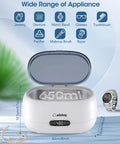 650mL Ultrasonic Jewelry Cleaner Machine With 35 Watt Power And 45Khz Frequency with display showing features and jewelry.