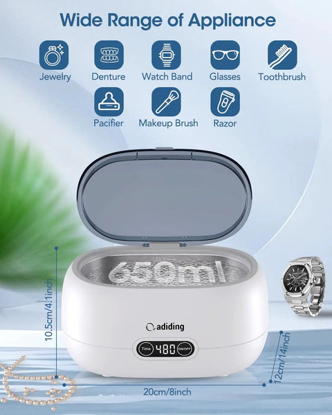 650mL Ultrasonic Jewelry Cleaner Machine With 35 Watt Power And 45Khz Frequency with display showing features and jewelry.