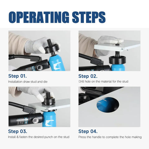 Operating steps for Hydraulic Knockout Hole Punch Driver Kit With Eight Ton Power, Six Dies From Half Inch To Two Inch