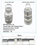 Front and side views of a 1/2 in NPT flat-face hydraulic quick-connect coupler set with dust caps, ISO 16028.