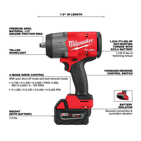 Pro Grade 1/2 Inch High Torque Cordless Impact Wrench With 5.0 Ah Battery detailed view showing 1500 ft-lbs torque and controls.
