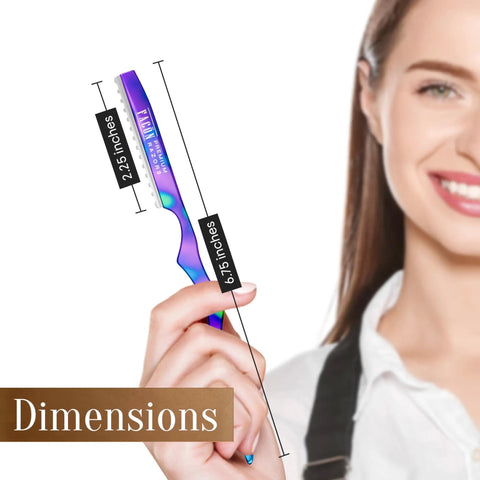 Professional Hair Cutting Razor Kit With Stainless Steel Feather Styling Blade and 11 Replacement Inserts dimensions held by a smiling stylist.
