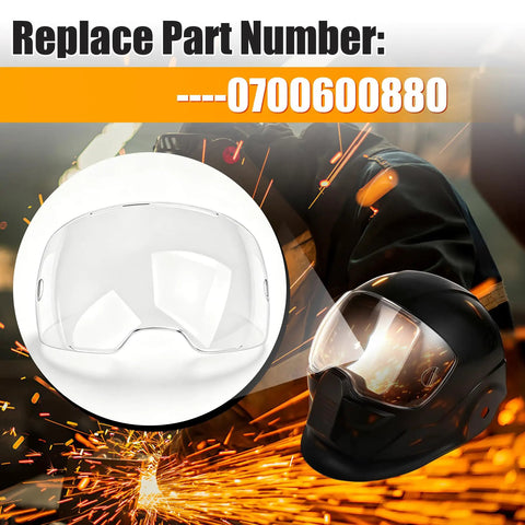Six Piece Clear Front Cover Lens Replacement Kit For 0700600880 Built Tough Heavy Duty Shield displayed with welding helmet.