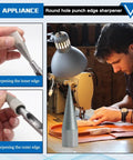 Man using Round Hole Punch Grinder for leather crafts, showing sharpening tool with diamond outer layer and stainless core.