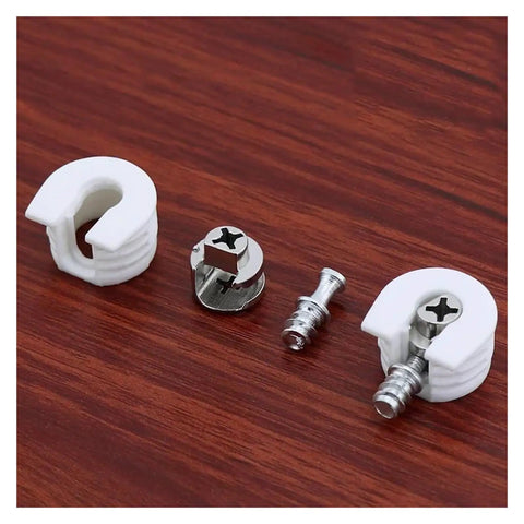 Interlocking Cam Lock Pins For DIY Furniture Kit, metal and plastic components on wood surface