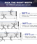 Diagram of Super Tough All In One Adjustable Badminton Net Up To Five Point One Feet Tall Ideal For Kids Volleyball And Pickleball Quick Setup Portable Sports Net With Bag For Tennis Pool Backyard Games And Indoor Play Ten Feet Long In Blue showing different widths for various games.