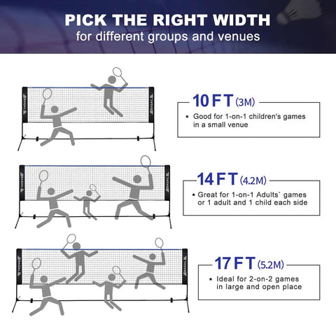 Diagram of Super Tough All In One Adjustable Badminton Net Up To Five Point One Feet Tall Ideal For Kids Volleyball And Pickleball Quick Setup Portable Sports Net With Bag For Tennis Pool Backyard Games And Indoor Play Ten Feet Long In Blue showing different widths for various games.
