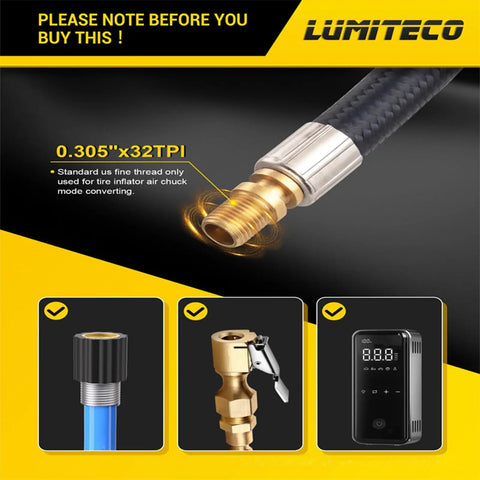 Real Deal Locking Tire Chuck With Rubber Hose Fine Thread Standard Valve Inflator Pump Hose Adapter Twist Lock Conversion Solid ABS Air Chuck Fits Car Bike Motorcycle Garage DIY Auto Repair Work Quick Setup Hands Free No Sweat, 0.305in x 32TPI thread adapter