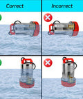 Correct and incorrect installation of 12V Submersible Deep Well Water Pump With 1 Inch Outlet For Irrigation And Home Use in water