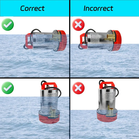 Correct and incorrect installation of 12V Submersible Deep Well Water Pump With 1 Inch Outlet For Irrigation And Home Use in water
