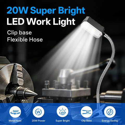 Beastly Bright Clamp Lamp With 2000 Lumens, 20W LED Sewing Machine Work Light illuminating a lathe in a workshop
