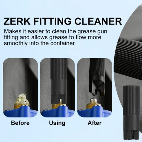 Zerk fitting cleaner demonstration with before, during, and after cleaning process showing improved grease flow