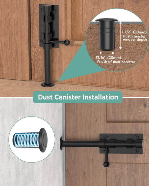 304 Stainless Steel Slide Bolt Gate Latch 8 Inch Sliding Barrel Bolt Door Lock installed with dust canister on door