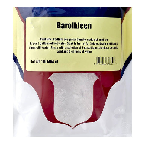 Barrel Cleaning Kit For Winemaking Tannin Remover For New Barrels 1 lb package front view with label instructions