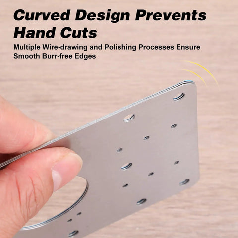 Close-up of a stainless steel plate from Complete 36 Piece Cabinet Hinge Repair Kit With Stainless Steel Plates And Brackets And 216 Screws For Kitchen Cabinets Cupboards And Furniture Doors Fix showing smooth edges.