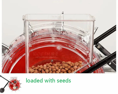 Manual Seed Seeder Handheld For Garden And Farm Use with clear hopper filled with seeds, 20cm spacing, adjustable seeding machine