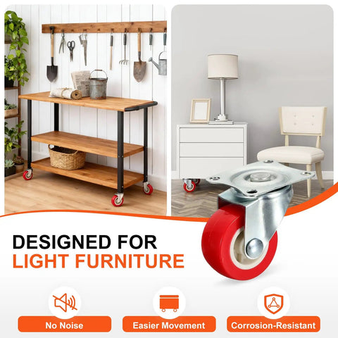 Eight Pack 1 Inch Caster Wheels With 360 Degree Swivel Plate Castors For Furniture Drawers Storage Bins DIY Projects Red Heavy Duty Silent Ball Bearing Wheels For Smooth Quiet Movement in use on furniture