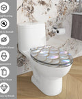 Elongated Resin Toilet Seat for Bathroom on a white toilet with a shell design, easy to install and clean.
