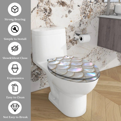 Elongated Resin Toilet Seat for Bathroom on a white toilet with a shell design, easy to install and clean.