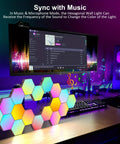 Hexagon Geometric RGB Wall Light Kit With Remote Control Touch Sensitive Modular Panels USB Powered Color Changing LED Mood Lighting For Bedroom 6 Pack Easy Install placed on a desk with colorful lights syncing to monitor display.