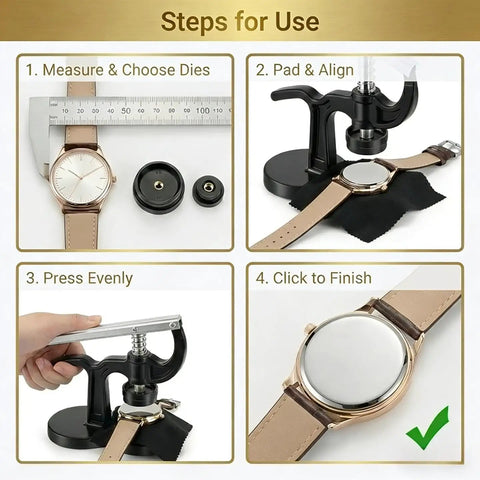 Steps for using the All In One Watch Case Press Tool Kit With 18mm To 50mm Dies Back Case Remover Pry Tool And Cleaning Cloth.