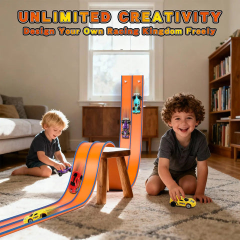 Children playing with 15 Ft Flexible Race Car Track With Suction Cups For Diecast 1/64 Cars, Includes 4 Mini Cars And Monster Trucks.